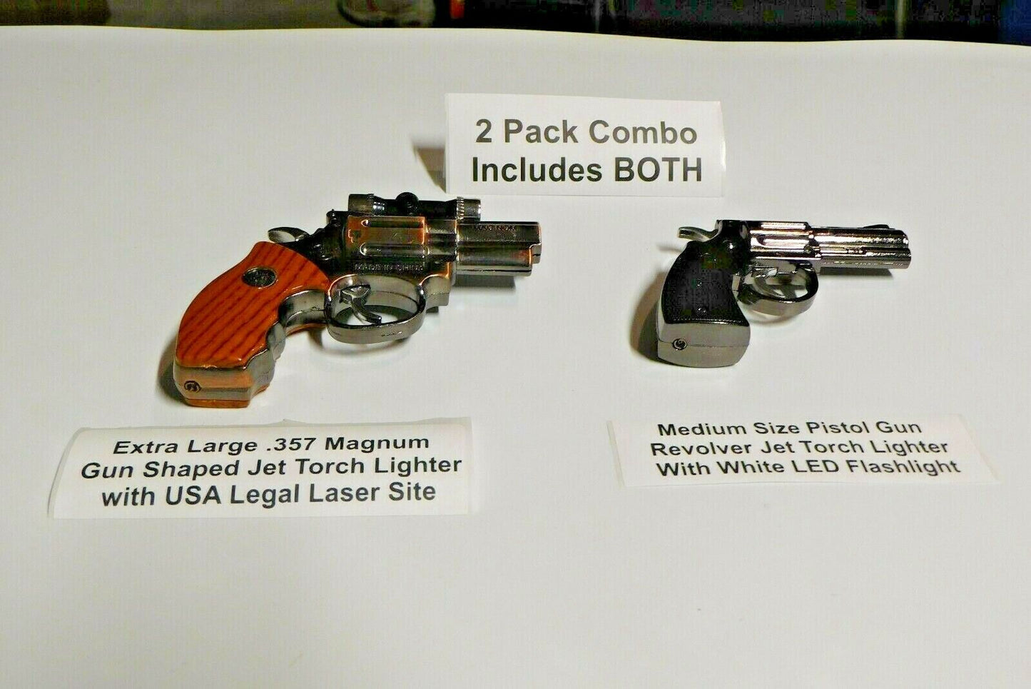 Combo Extra Large .357 Magnum and Medium Size Gun Shape Jet Torch Lighters USA