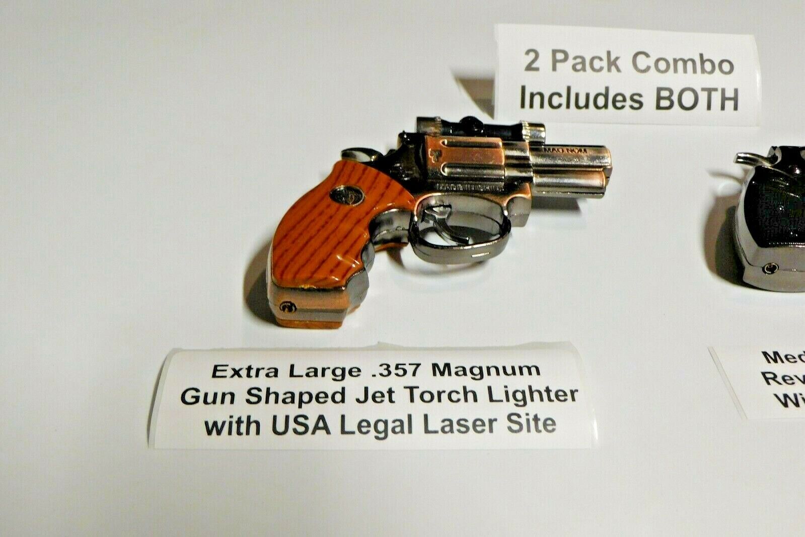 Combo Extra Large .357 Magnum and Medium Size Gun Shape Jet Torch Lighters USA